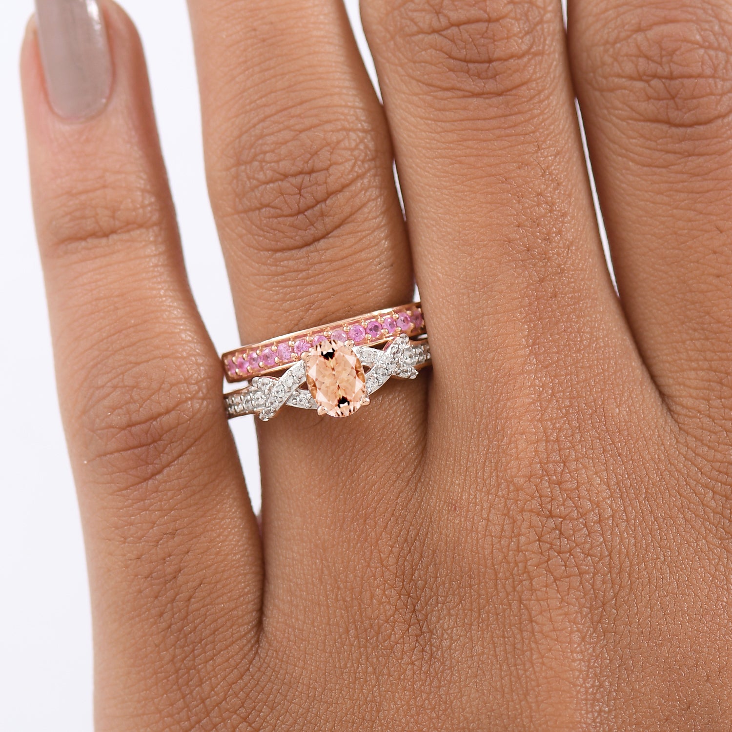 D'Joy Set of 2 - Pink Sapphire, Morganite &amp; White Zircon Ring in 18K Vermeil Rose Gold Plated Sterling Silver 1.44 Ct, Silver Wt. 5.78 Gms. 4432540 9