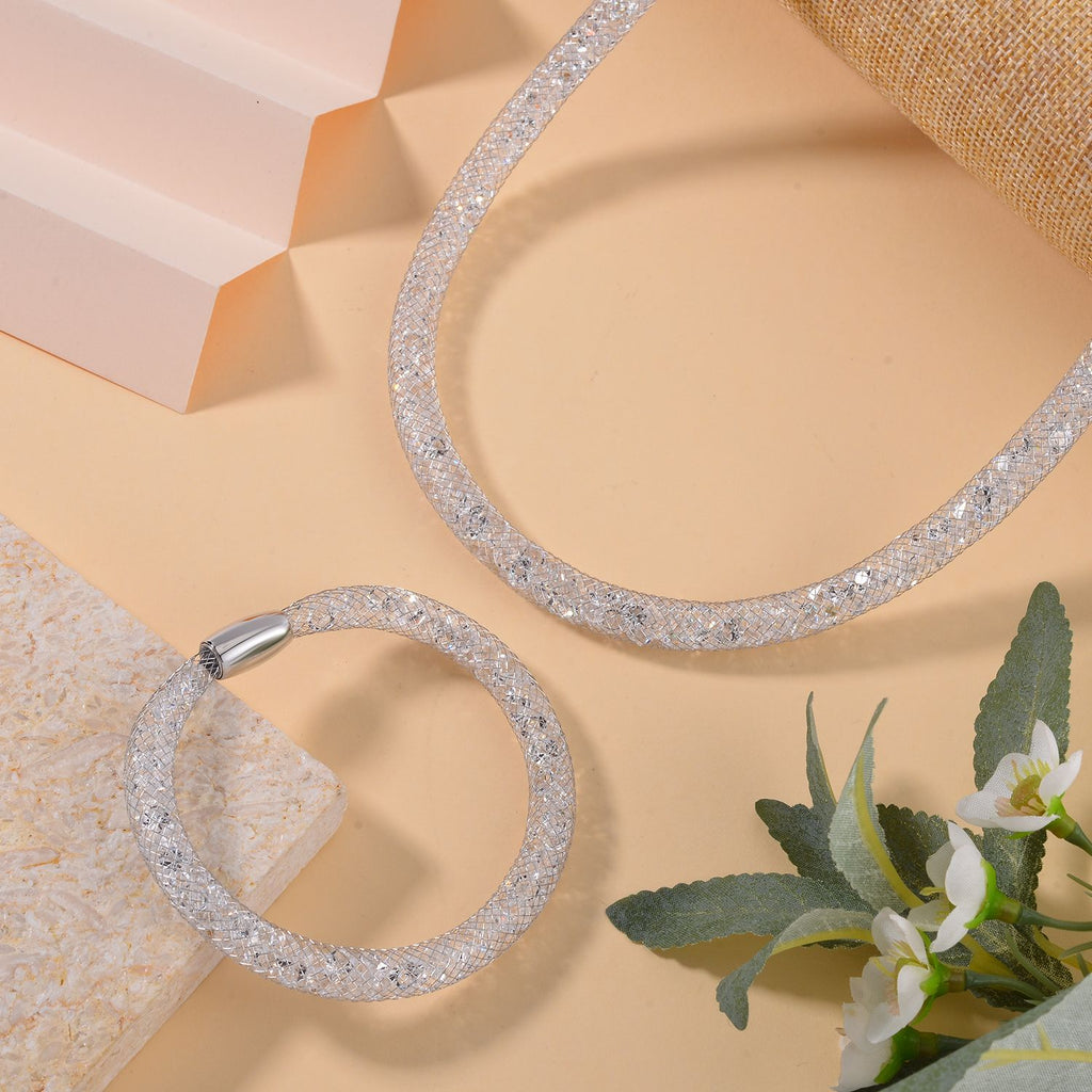 2 Piece Set - Sparkly White Crystal Necklace (Size - 20) and Bracelet (Size - 8)_4433146_1