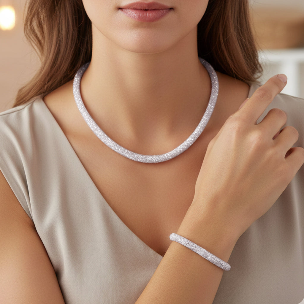 2 Piece Set - Sparkly White Crystal Necklace (Size - 20) and Bracelet (Size - 8) V32607728 3