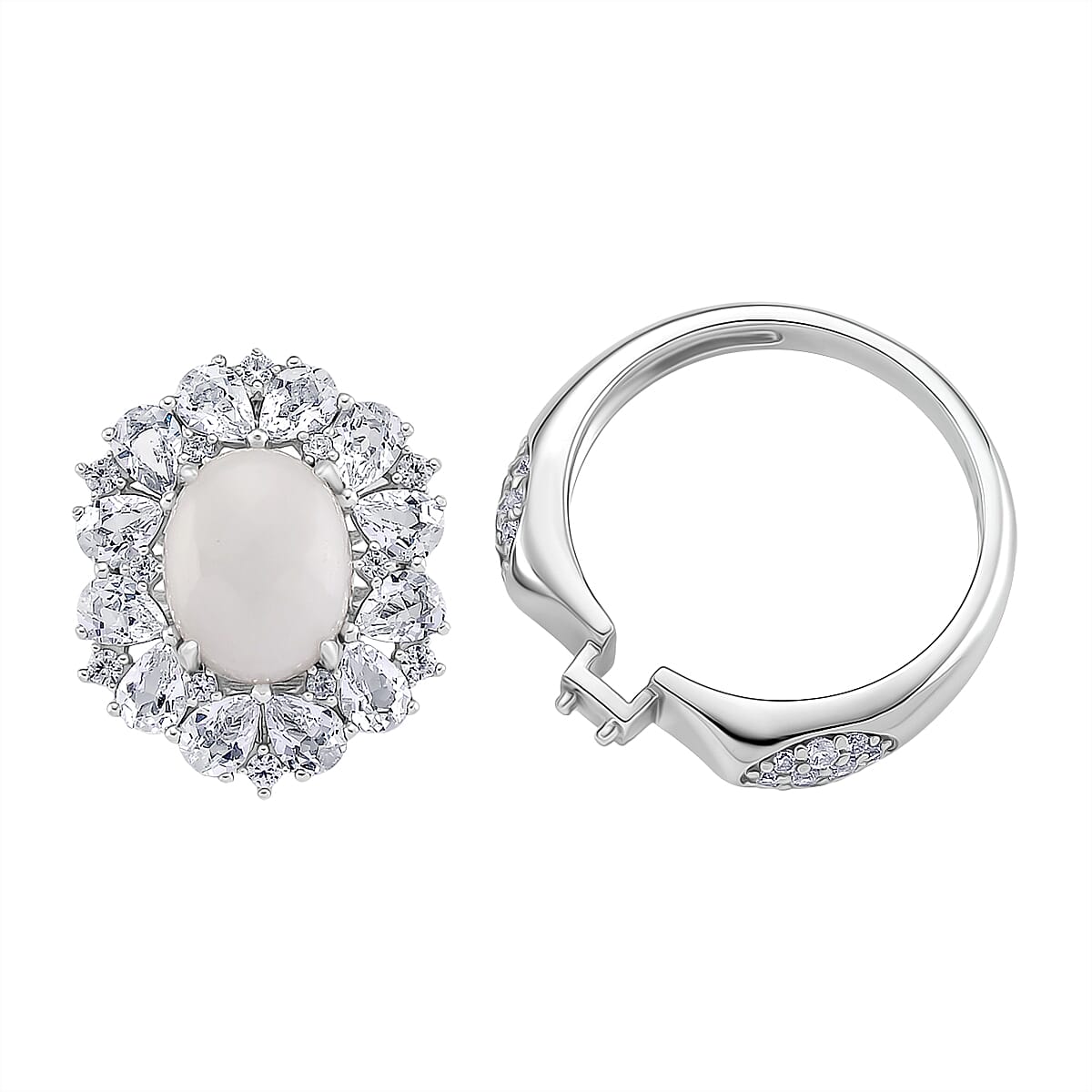 D'Joy White Jade &amp; White Topaz Pendent with Chain (Size 18) &amp; Ring in Rhodium Overlay Sterling Silver 6.81 Ct, Silver Wt. 8.55 Gms. 4434935 6
