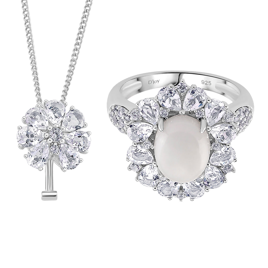 D'Joy White Jade & White Topaz Pendent with Chain (Size 18) & Ring in Rhodium Overlay Sterling Silver 6.81 Ct, Silver Wt. 8.55 Gms._4434943