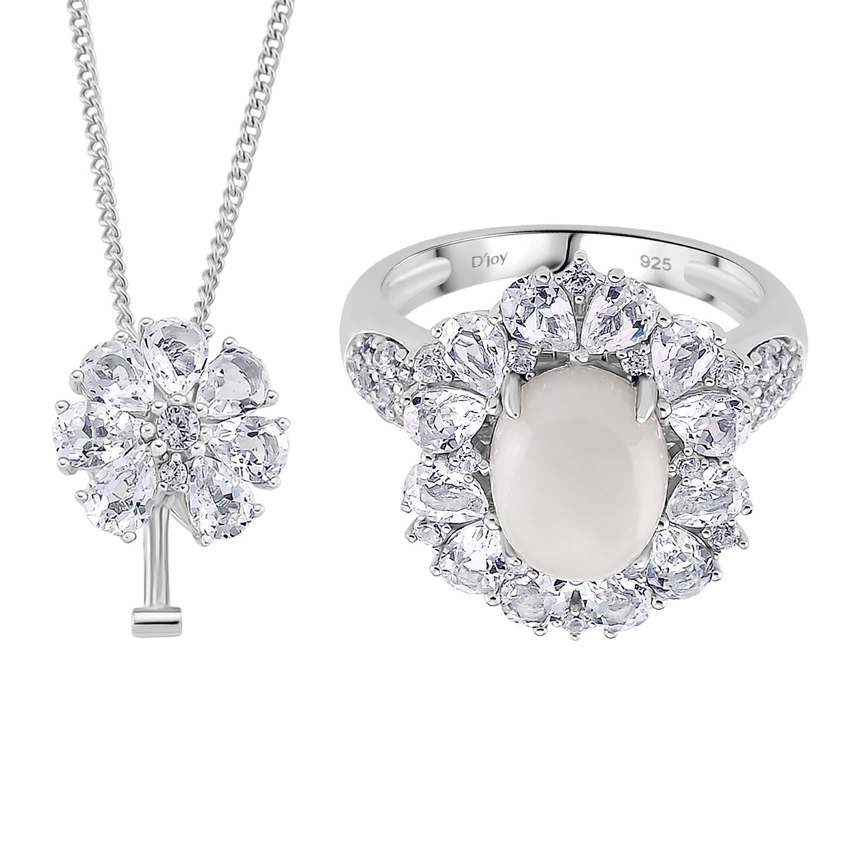 D'Joy White Jade &amp; White Topaz Pendent with Chain (Size 18) &amp; Ring in Rhodium Overlay Sterling Silver 6.81 Ct, Silver Wt. 8.55 Gms. 4434943 0