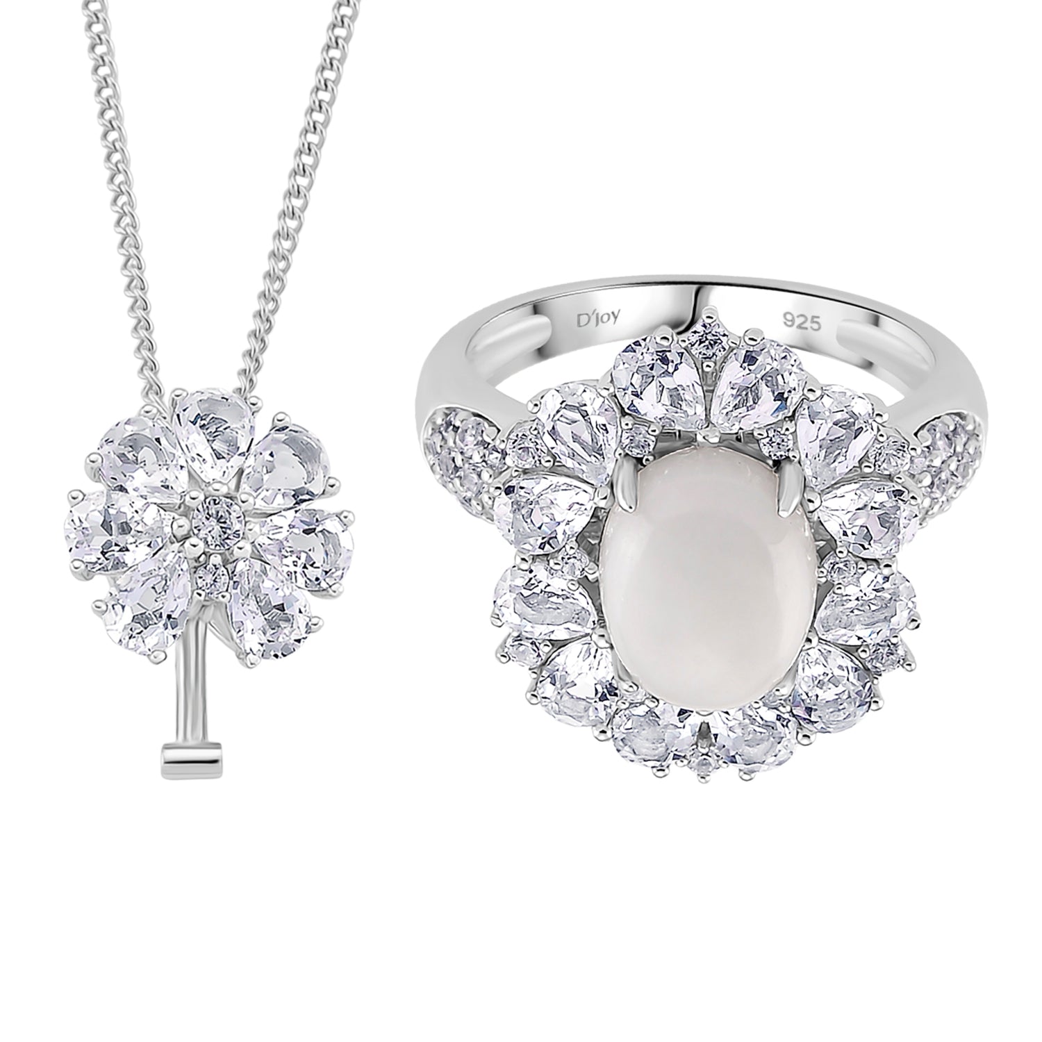 D'Joy White Jade &amp; White Topaz Pendent with Chain (Size 18) &amp; Ring in Rhodium Overlay Sterling Silver 6.81 Ct, Silver Wt. 8.55 Gms. 4434943 0