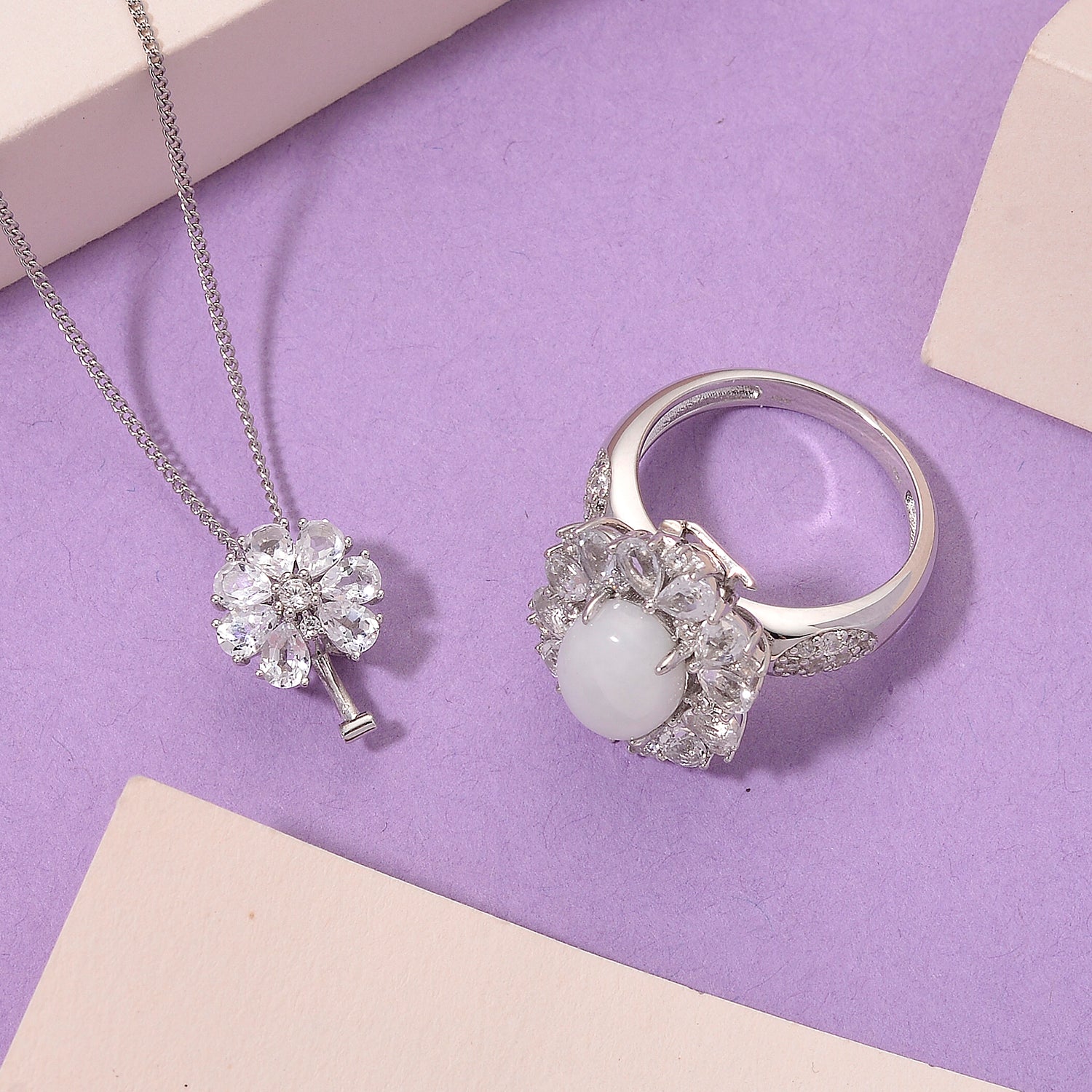 D'Joy White Jade &amp; White Topaz Pendent with Chain (Size 18) &amp; Ring in Rhodium Overlay Sterling Silver 6.81 Ct, Silver Wt. 8.55 Gms. 4434943 2