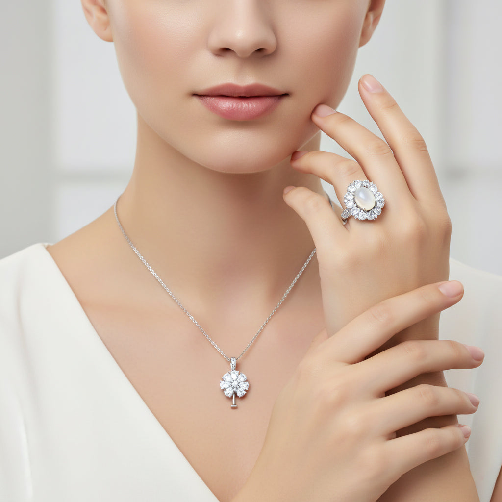 D'Joy White Jade &amp; White Topaz Pendent with Chain (Size 18) &amp; Ring in Rhodium Overlay Sterling Silver 6.81 Ct, Silver Wt. 8.55 Gms. 4434943 3