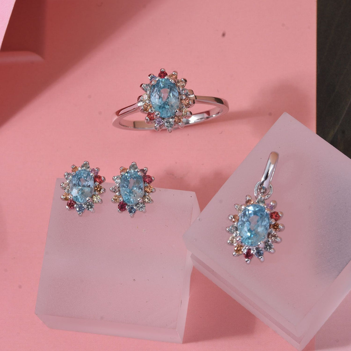 3 Piece Set - Blue Zircon, Multi Sapphire Halo Ring, Pendant and Earring in Rhodium Overlay Sterling Silver 7.74 Ct. V32536206 2