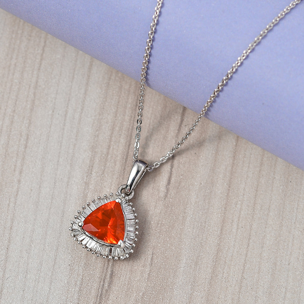 D'Joy Fire Opal & Natural White Diamond Halo Pendant with Chain (Size 20) in Rhodium Overlay Sterling Silver 1.54 Ct._4436561_1
