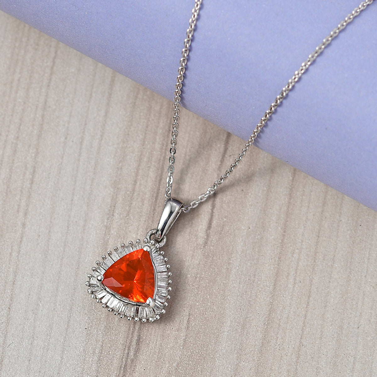 D'Joy Fire Opal, Natural White Diamond Halo Pendant with Chain (Size 20) in Rhodium Overlay Sterling Silver 1.54 Ct. 4436561 2