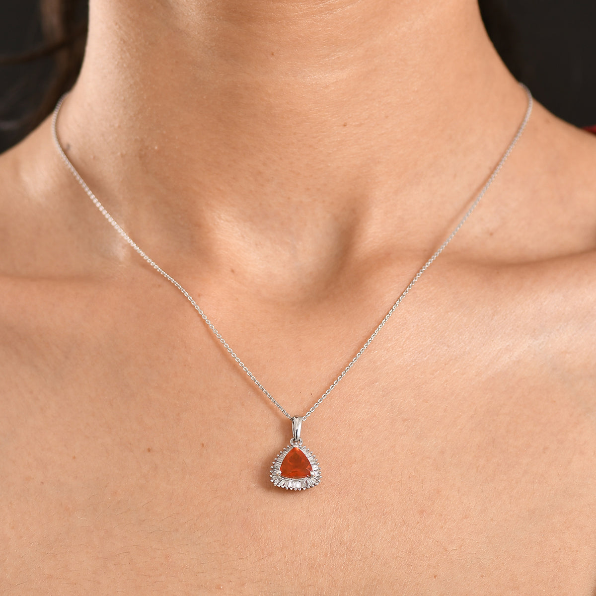 D'Joy Fire Opal, Natural White Diamond Halo Pendant with Chain (Size 20) in Rhodium Overlay Sterling Silver 1.54 Ct. 4436561 3