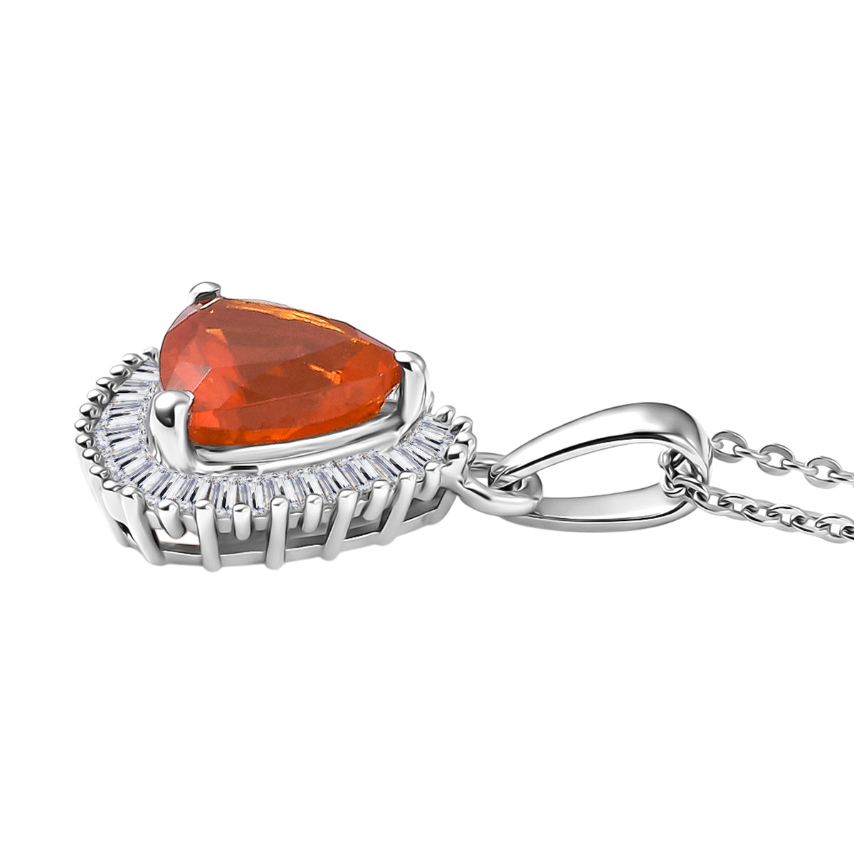 D'Joy Fire Opal, Natural White Diamond Halo Pendant with Chain (Size 20) in Rhodium Overlay Sterling Silver 1.54 Ct. 4436561 4