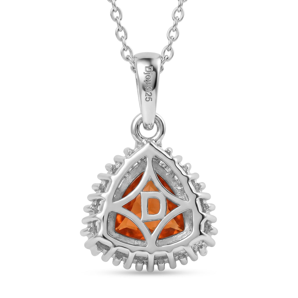 D'Joy Fire Opal & Natural White Diamond Halo Pendant with Chain (Size 20) in Rhodium Overlay Sterling Silver 1.54 Ct._4436561_4
