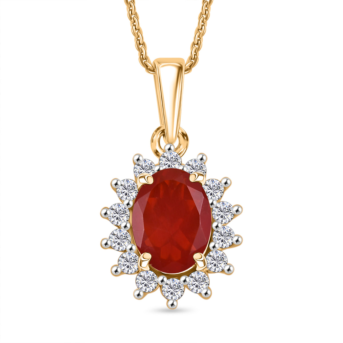 D'Joy - Fire Opal &amp; Moissanite Halo Pendant with Chain (Size 20) in 18K Vermeil Yellow Gold Plated Sterling Silver 1.00 Ct. V32608580 0