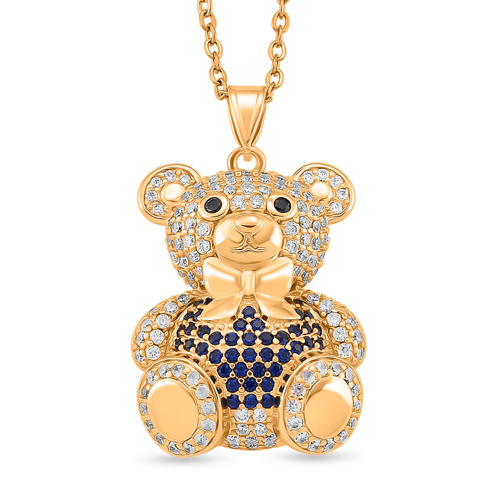Designer Inspired-  Cubic Zirconia Teddy Bear Pendant with Chain (Size 20) in Yellow Gold Plated- Blue 4442697 1