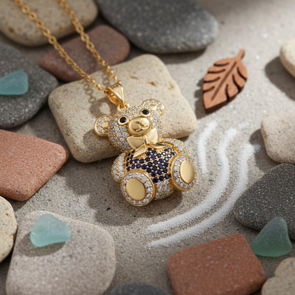Designer Inspired-  Cubic Zirconia Teddy Bear Pendant with Chain (Size 20) in Yellow Gold Plated- Blue 4442697 2
