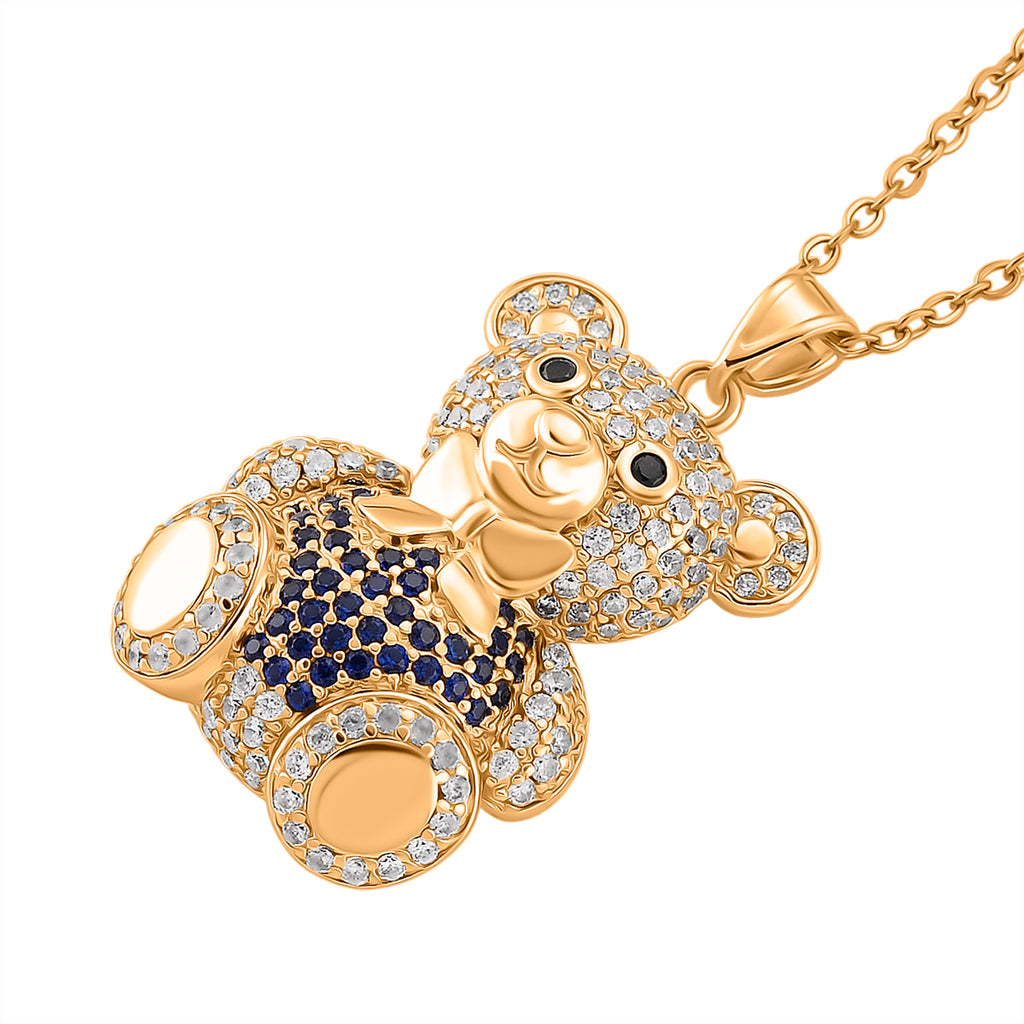Designer Inspired-  Cubic Zirconia Teddy Bear Pendant with Chain (Size 20) in Yellow Gold Plated- Blue_4442697_3
