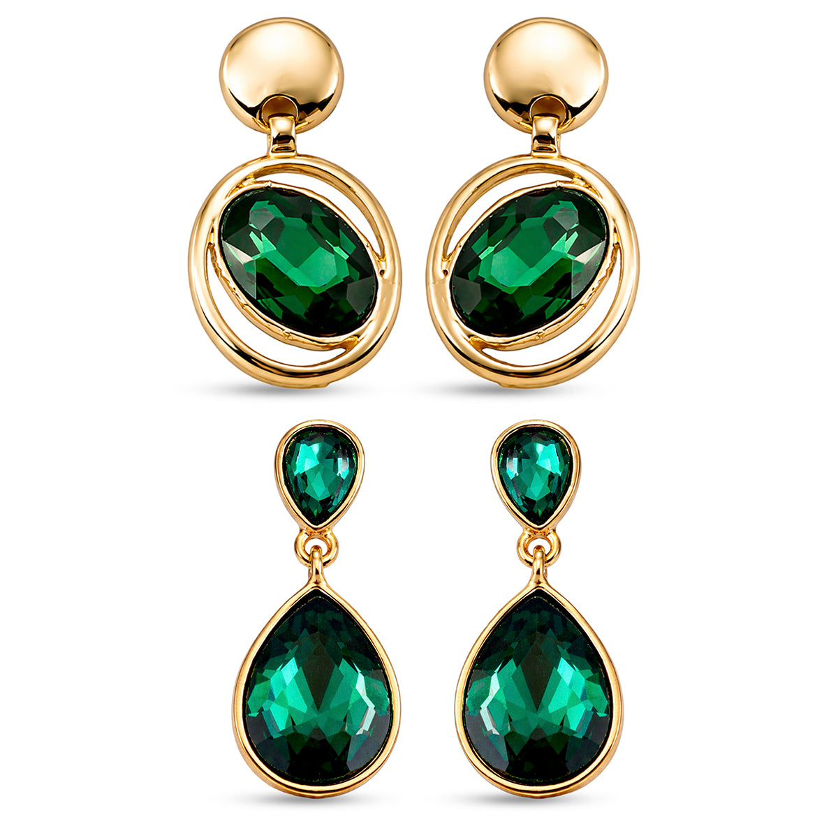 Set of 2 - Green Crystal Pear Dangling Earring with Push Back in Yellow Gold Tone V32519779 0