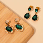 Set of 2 - Green Crystal Pear Dangling Earring with Push Back in Yellow Gold Tone_4444233_1
