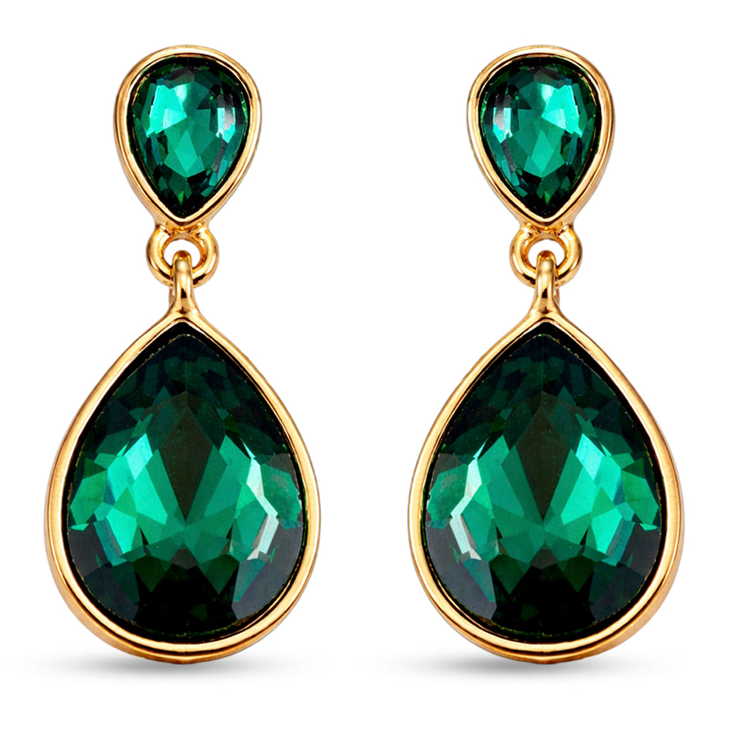 Set of 2 - Green Crystal Pear Dangling Earring with Push Back in Yellow Gold Tone_4444233_2