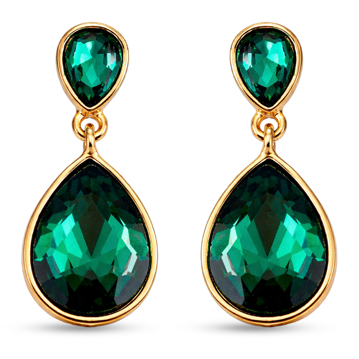Set of 2 - Green Crystal Pear Dangling Earring with Push Back in Yellow Gold Tone V32519779 3