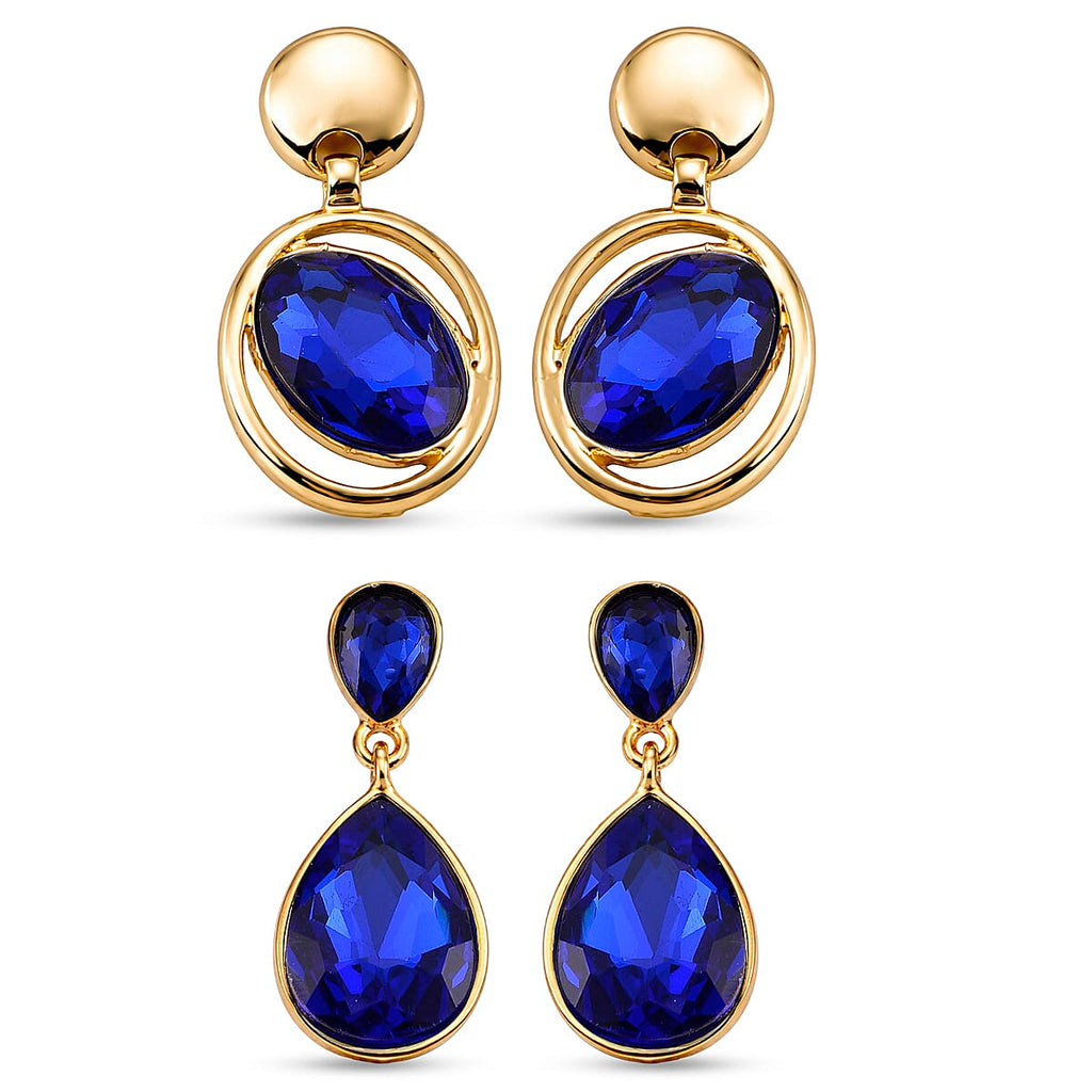 Set of 2 - Blue Crystal Dangling Earring with Push Back in Yellow Gold Tone_4444236