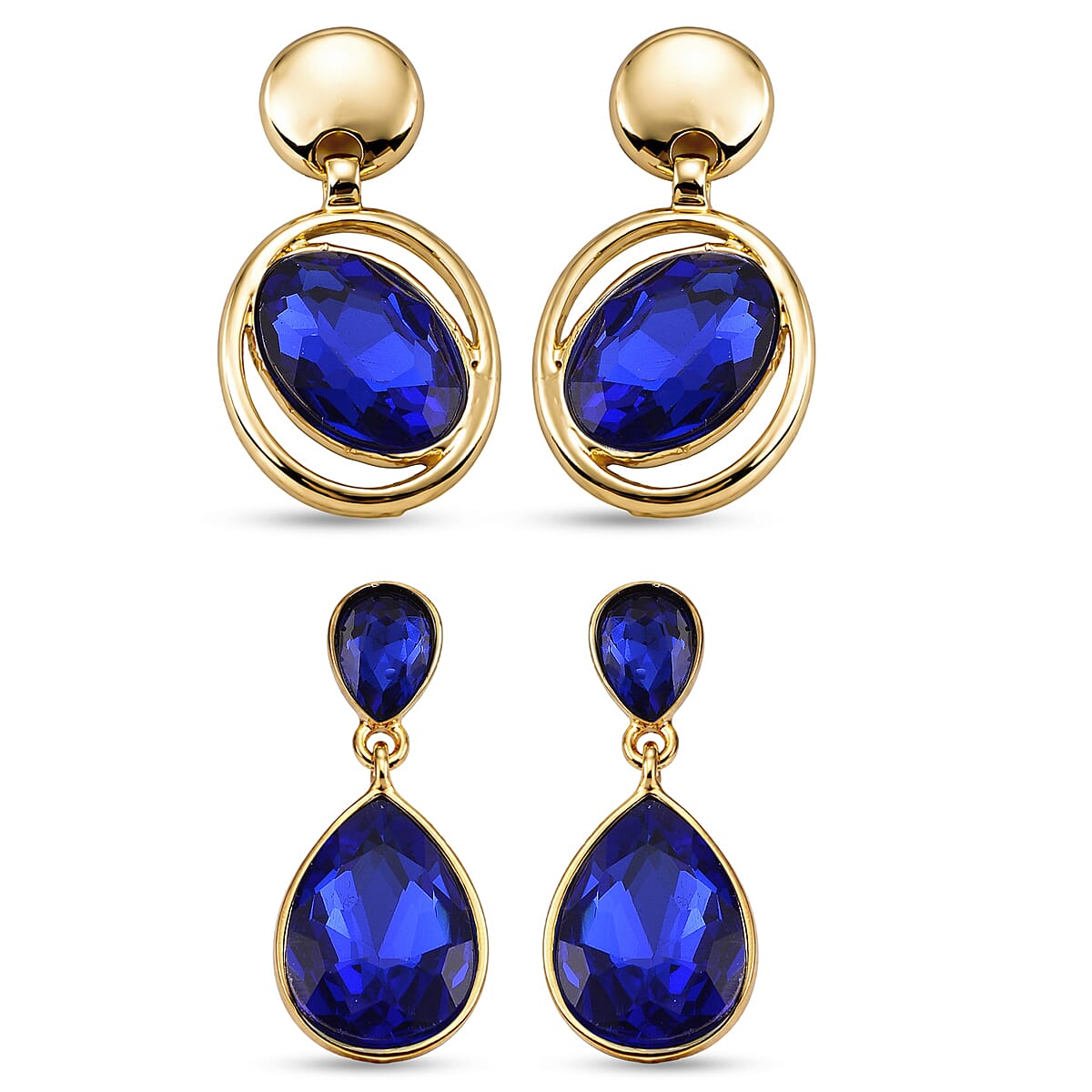 Set of 2 - Blue Crystal Dangling Earring with Push Back in Yellow Gold Tone V32699841 0