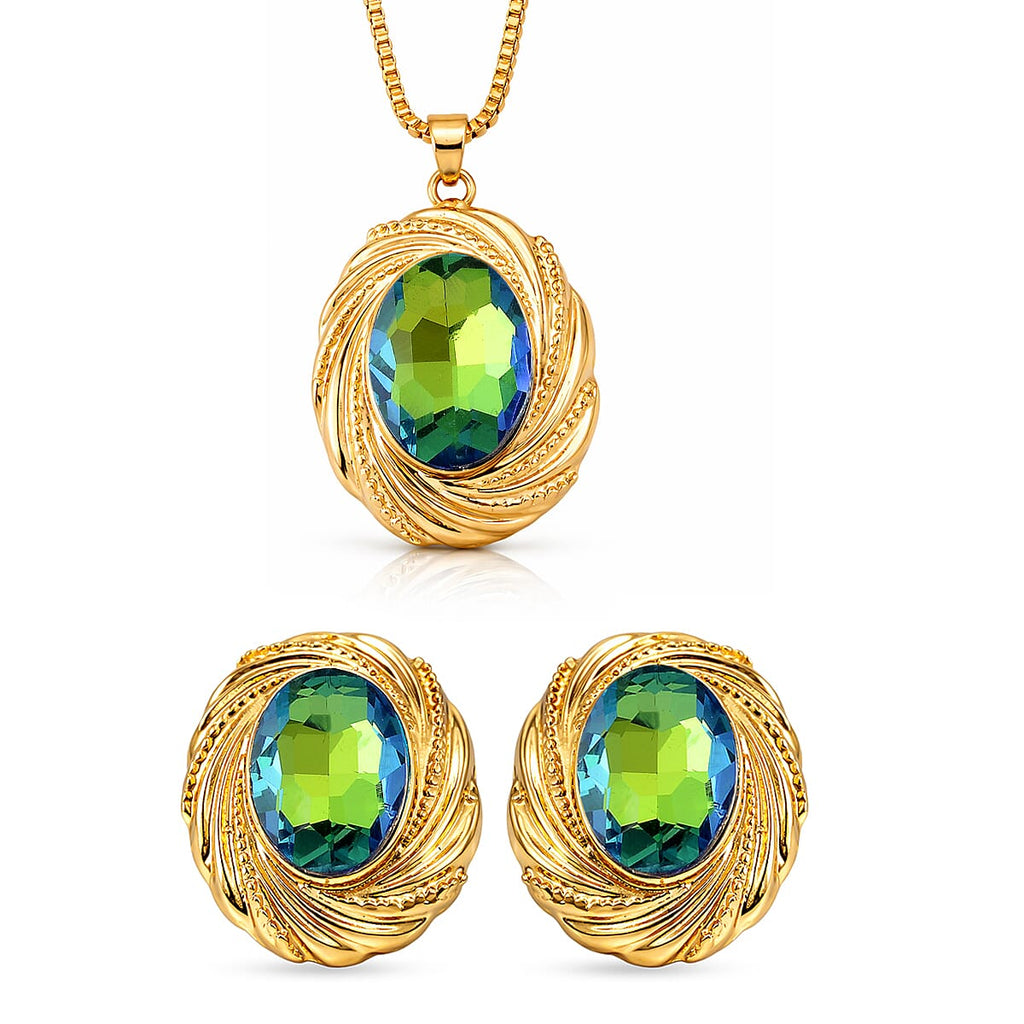 Set of 2 - Green Magic Color Crystal Necklace (Size - 20+2 Ext) & Earring with Push Back in Yellow Gold Tone_4444238