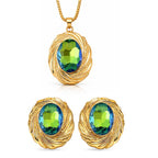 Set of 2 - Green Magic Color Crystal Necklace (Size - 20+2 Ext) & Earring with Push Back in Yellow Gold Tone_4444238