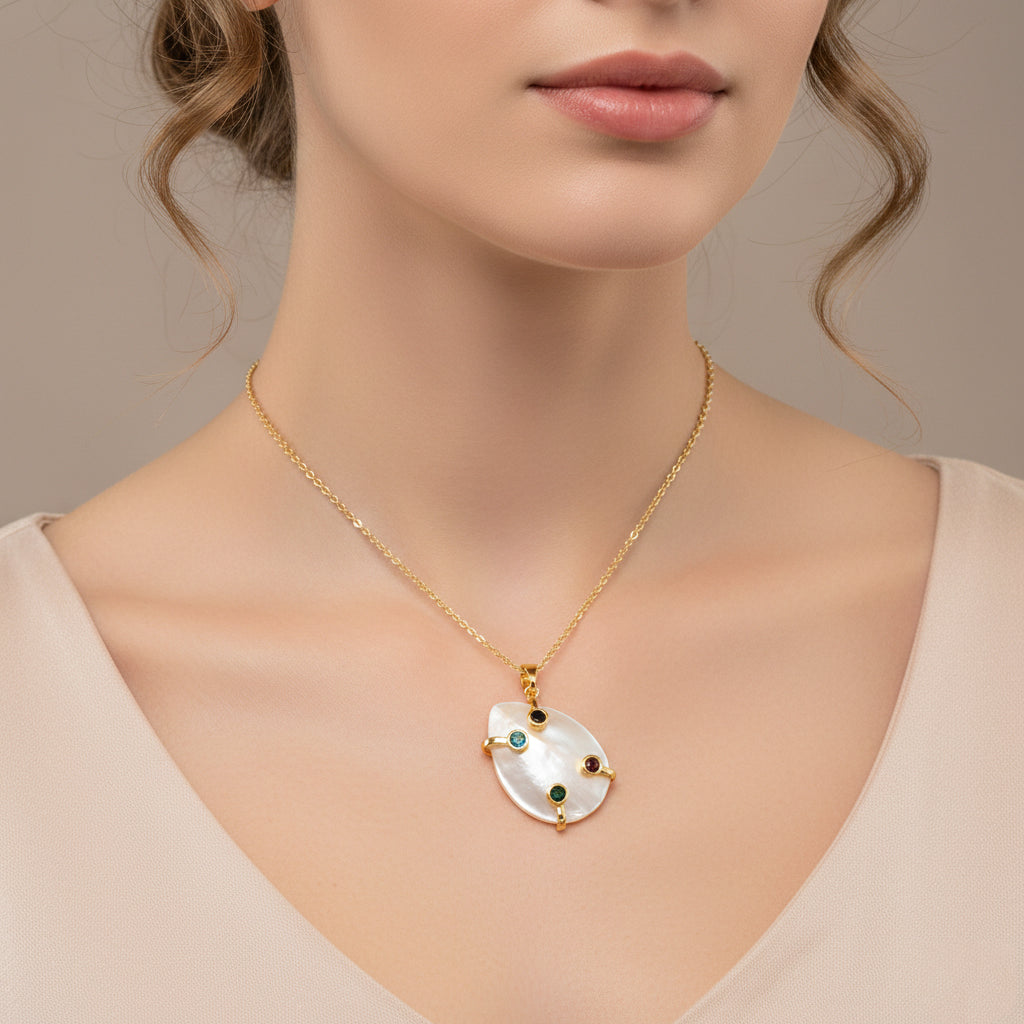 White Keshi Shell Pearl &amp; Multi Color Cubic Zirconia Pendant with Chain (Size 20-2 Ext) V32357683 2