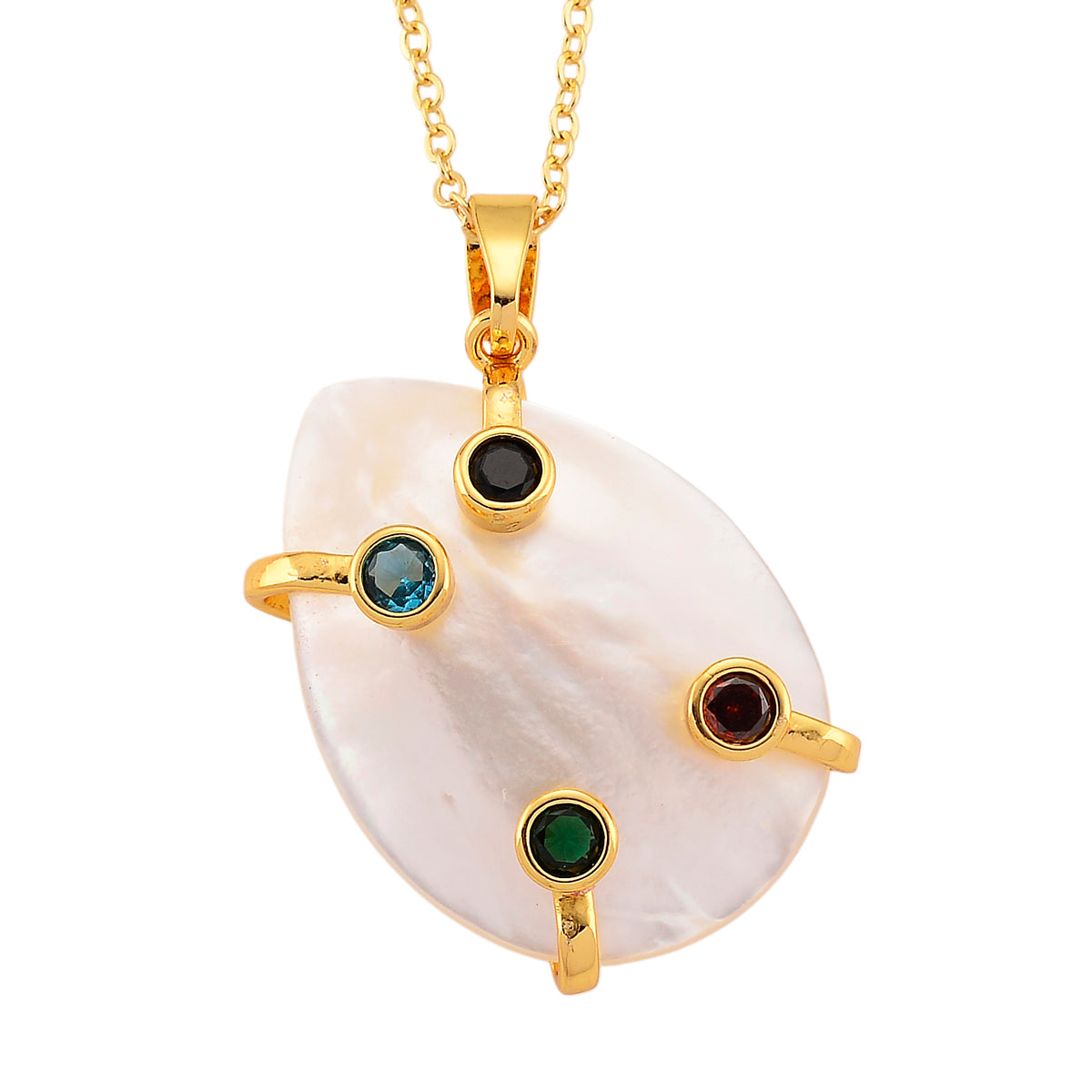 White Keshi Shell Pearl &amp; Multi Color Cubic Zirconia Pendant with Chain (Size 20-2 Ext) V32357683 0