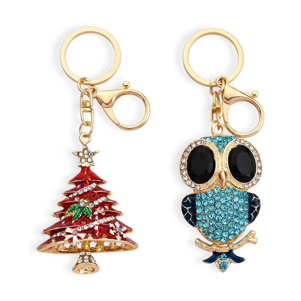 Set of 2 - Multi Colour Crystal Keychain in Christmas & Owl Design_4446111