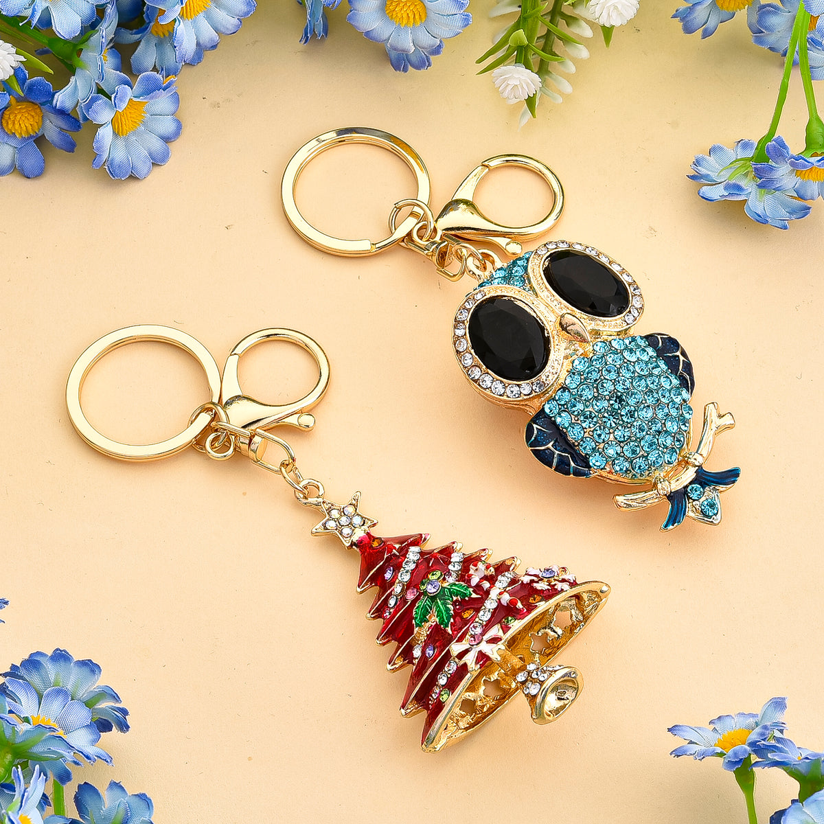 Set of 2 - Multi Colour Crystal Keychain in Christmas &amp; Owl Design V32602866 2