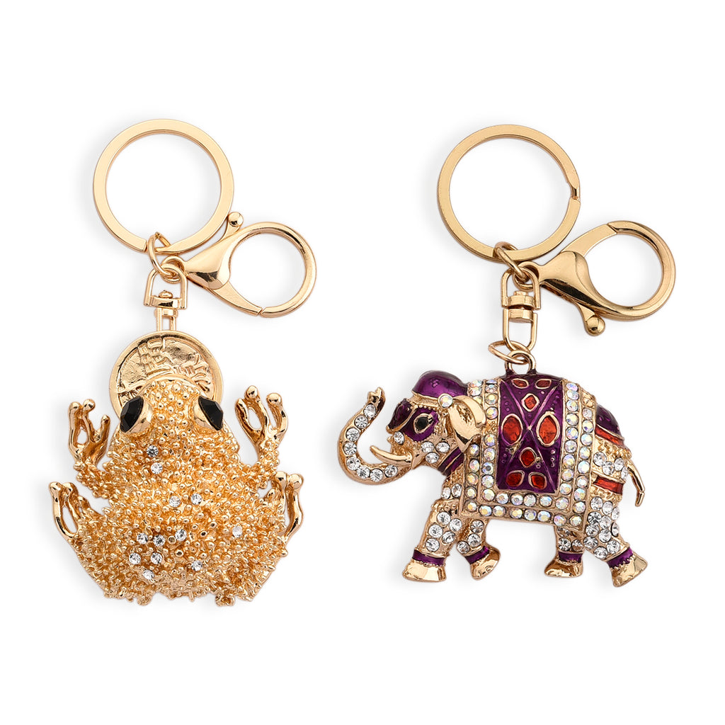 Set of 2 - Multi-Colour Crystal Keychain in Frog & Elephant Design_4446112