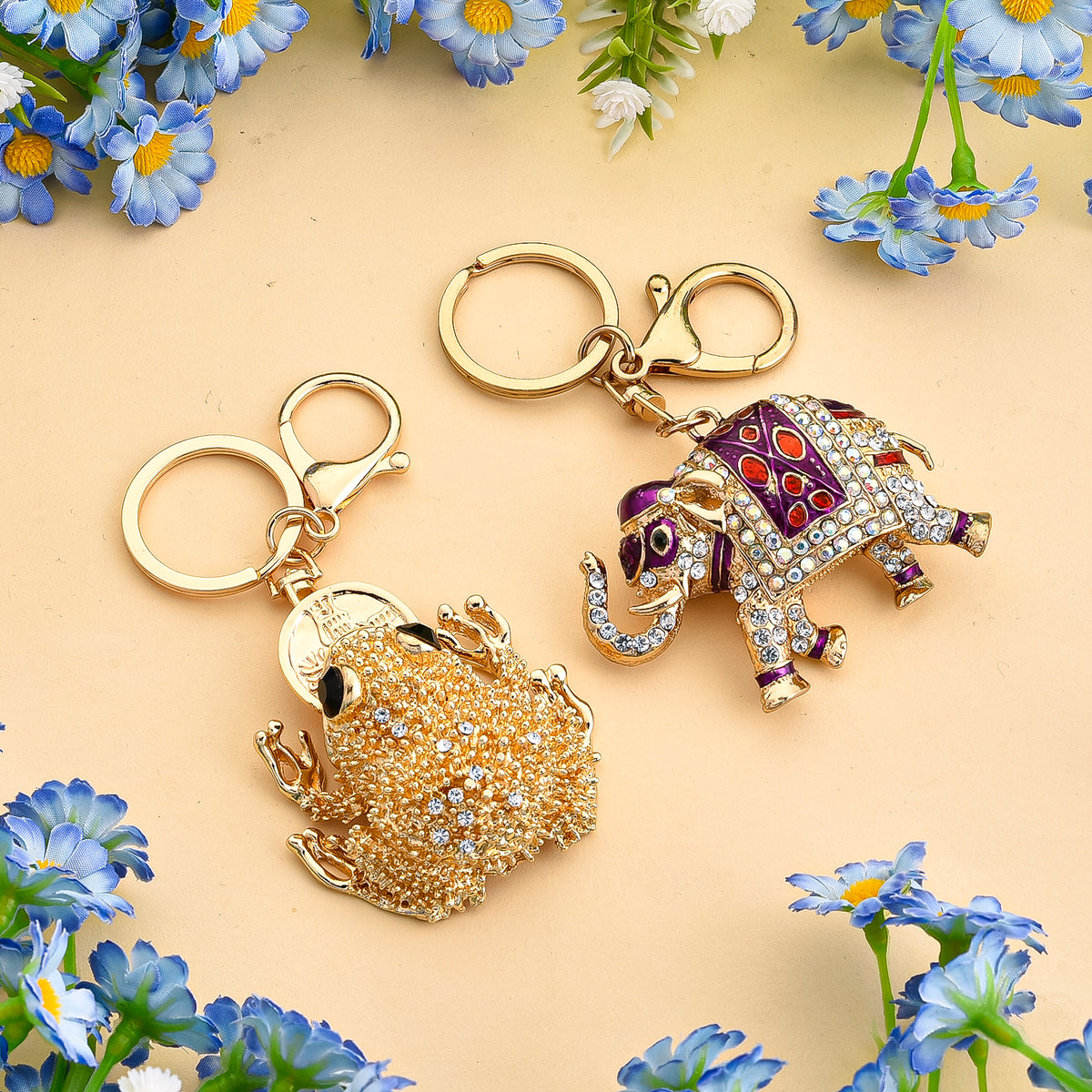 Set of 2 - Multi-Colour Crystal Keychain in Frog &amp; Elephant Design V32516667 2