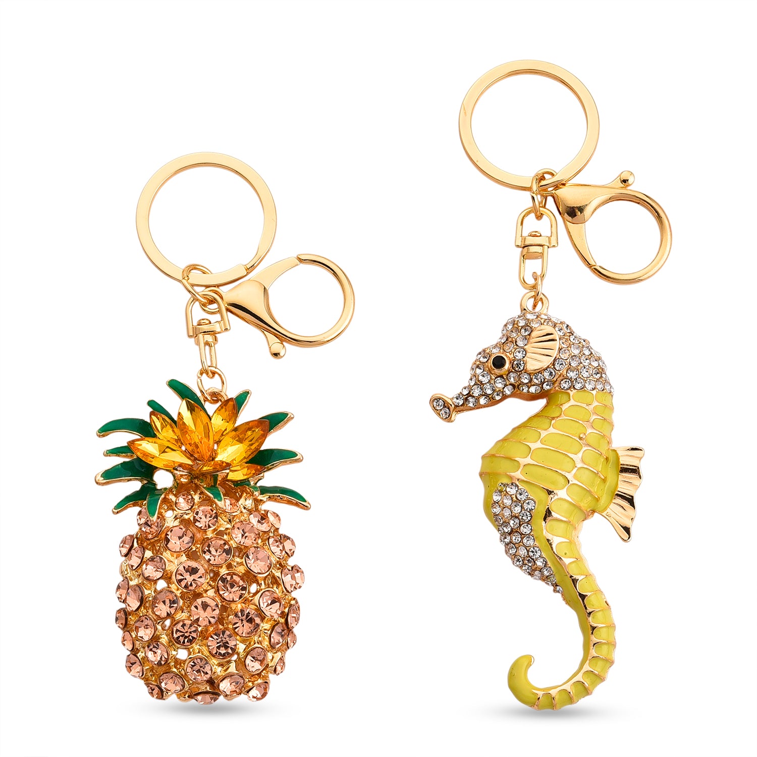 Set of 2 - Multi-Colour Crystal Keychain in Pineapple &amp; Seahorse Design V32513725 0