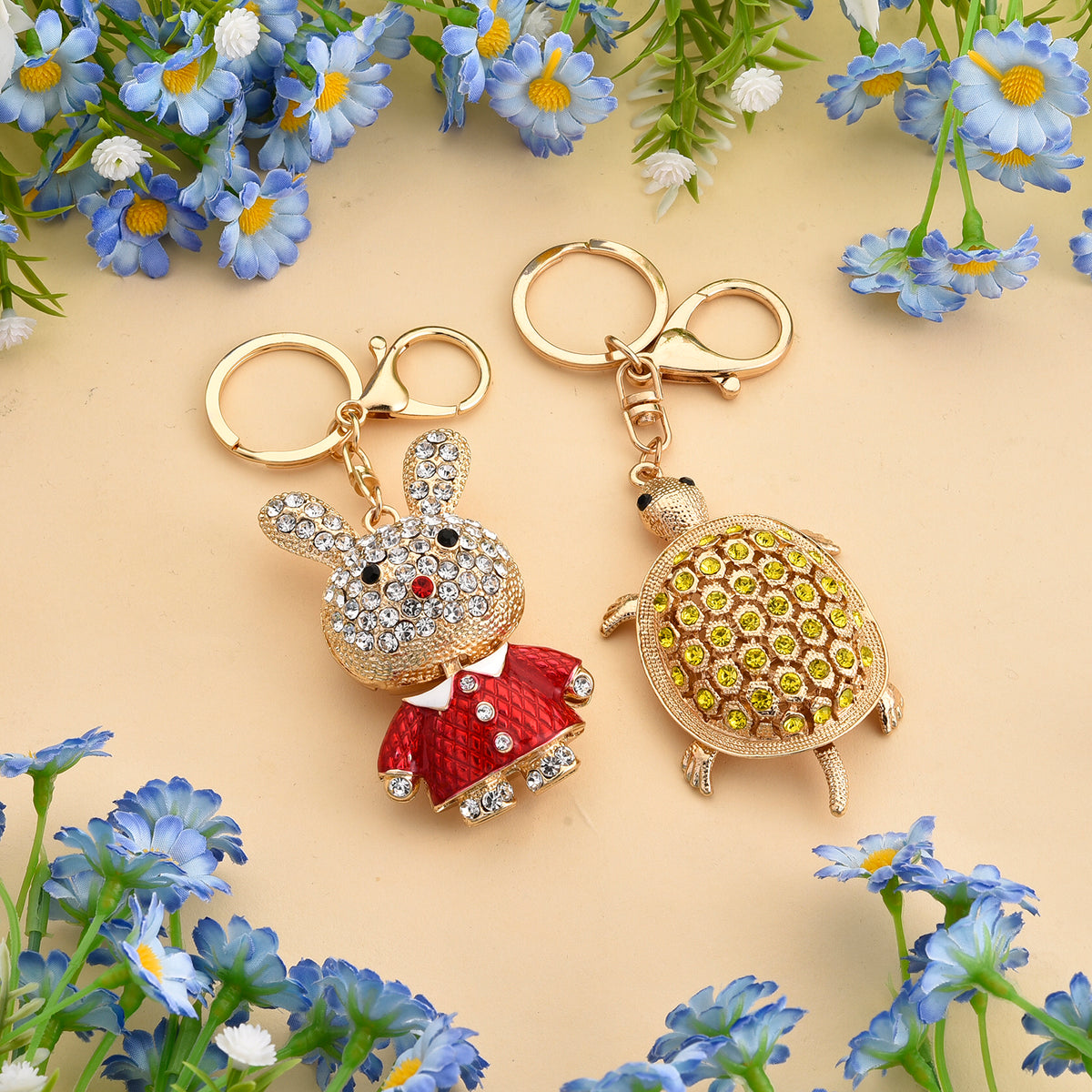 Set of 2 - Multi-Color Crystal Keychain in Tortoise &amp; Rabbit Design V32512445 2
