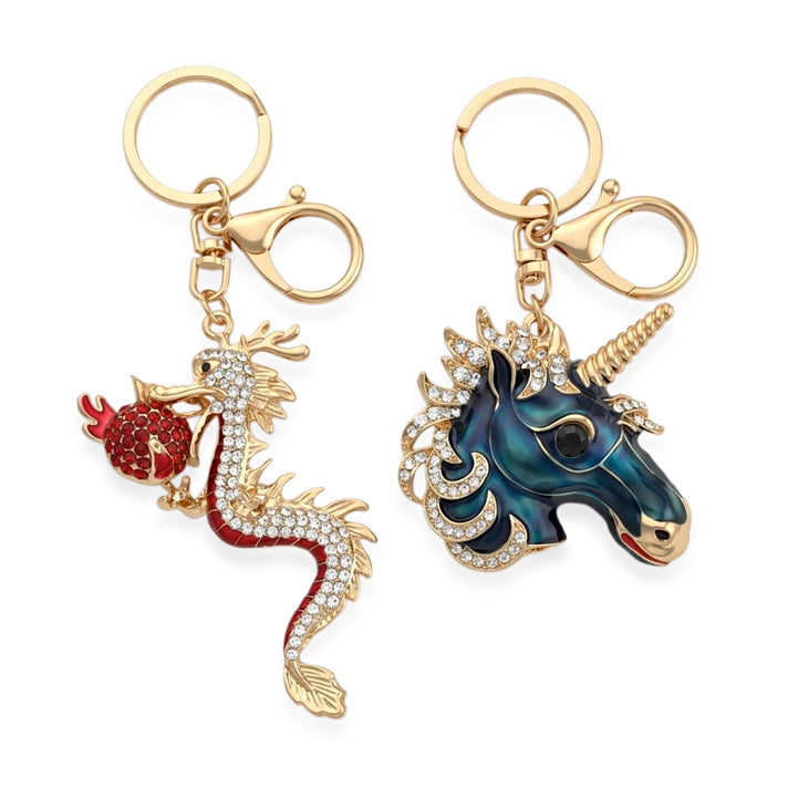 Set of 2 - Multi-Color Crystal Keychain in Unicorn &amp; Dragon Design 4446115 1