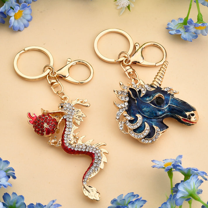 Set of 2 - Multi-Color Crystal Keychain in Unicorn &amp; Dragon Design 4446115 2