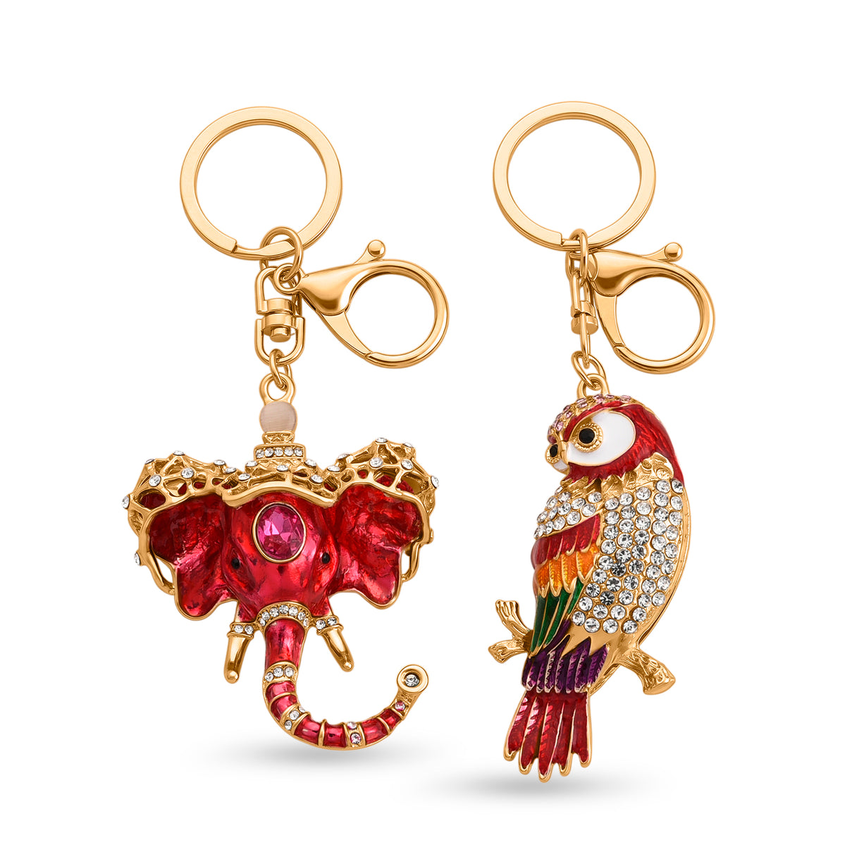 Set of 2 - Multi Colour Crystal &amp; Created White Cat's Eye Keychain in Elephant Trunk &amp; Bird Design V32515633 0