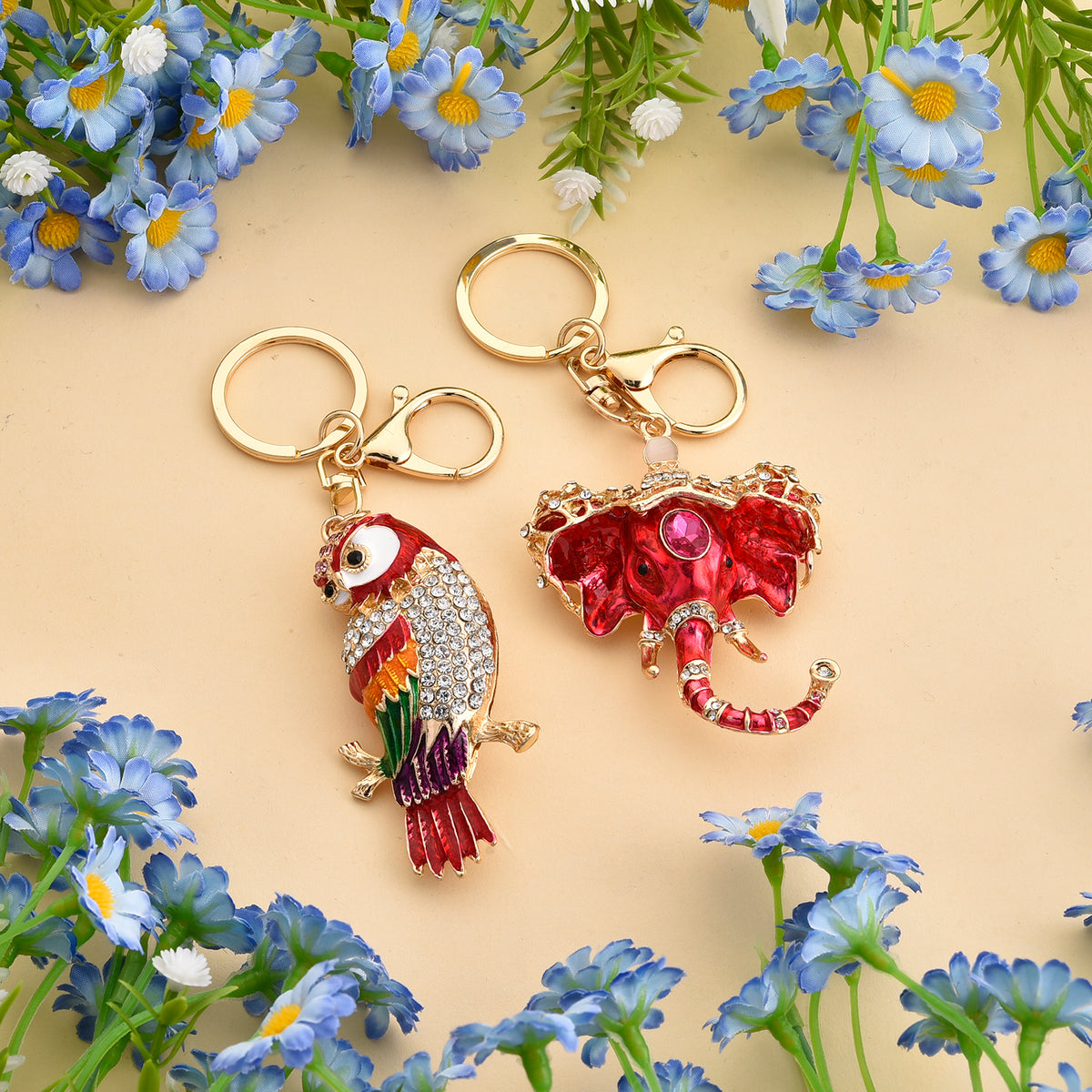Set of 2 - Multi Colour Crystal &amp; Created White Cat's Eye Keychain in Elephant Trunk &amp; Bird Design V32515633 2