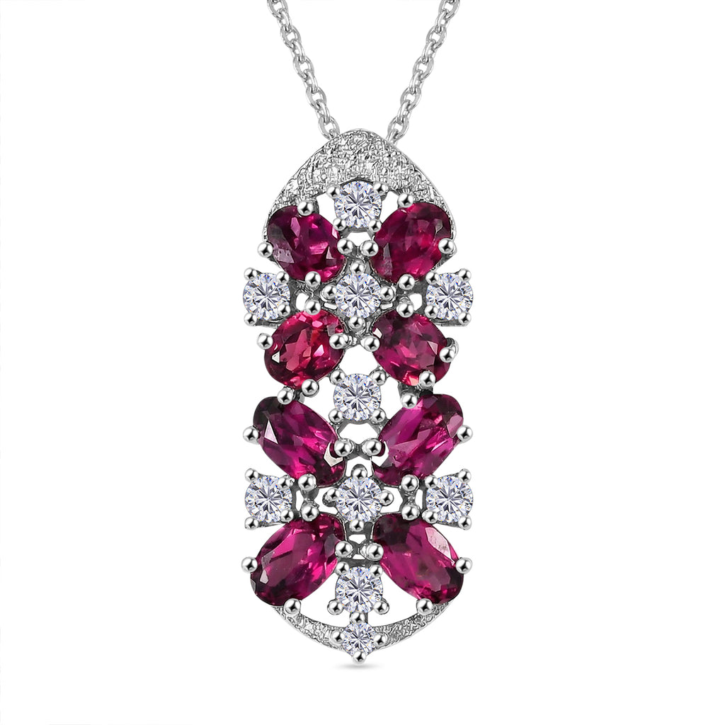 D'Joy Orissa Natural Rhodolite Garnet & White Zircon Floral Cluster Pendant with Chain (Size 20) in Platinum Overlay Sterling Silver 2.53 Ct._4446473