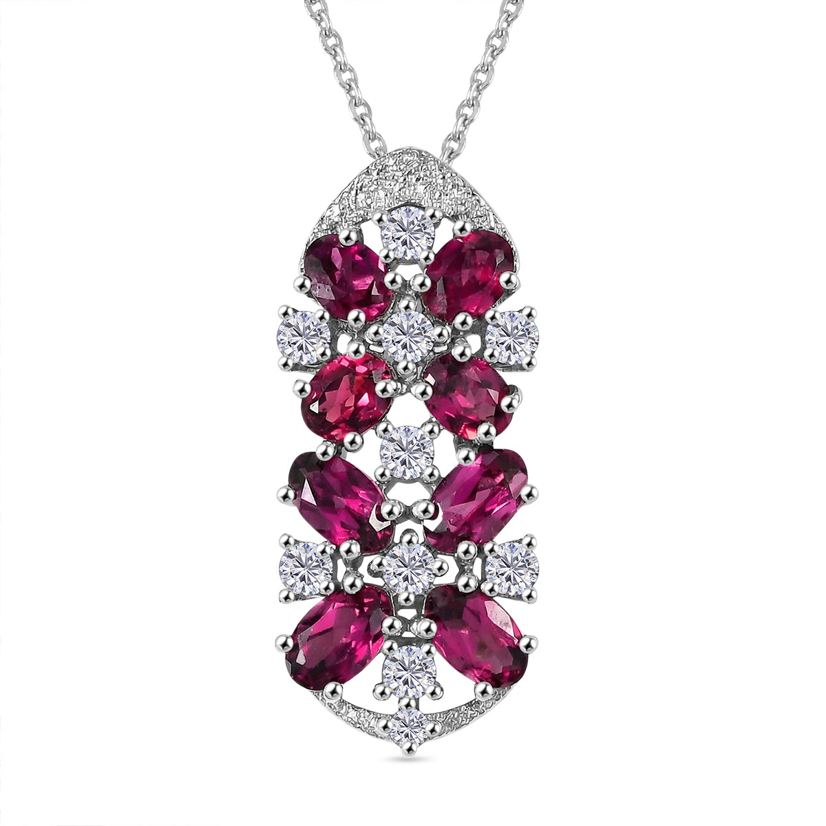 D'Joy Orissa Natural Rhodolite Garnet &amp; White Zircon Floral Cluster Pendant with Chain (Size 20) in Platinum Overlay Sterling Silver 2.53 Ct. V32533289 0