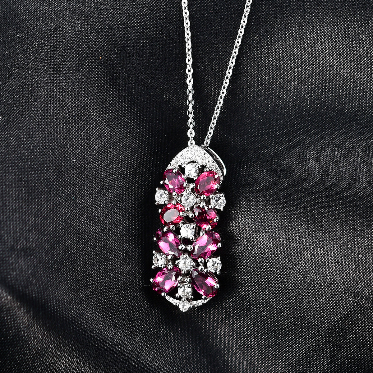 D'Joy Orissa Natural Rhodolite Garnet &amp; White Zircon Floral Cluster Pendant with Chain (Size 20) in Platinum Overlay Sterling Silver 2.53 Ct. V32533289 2
