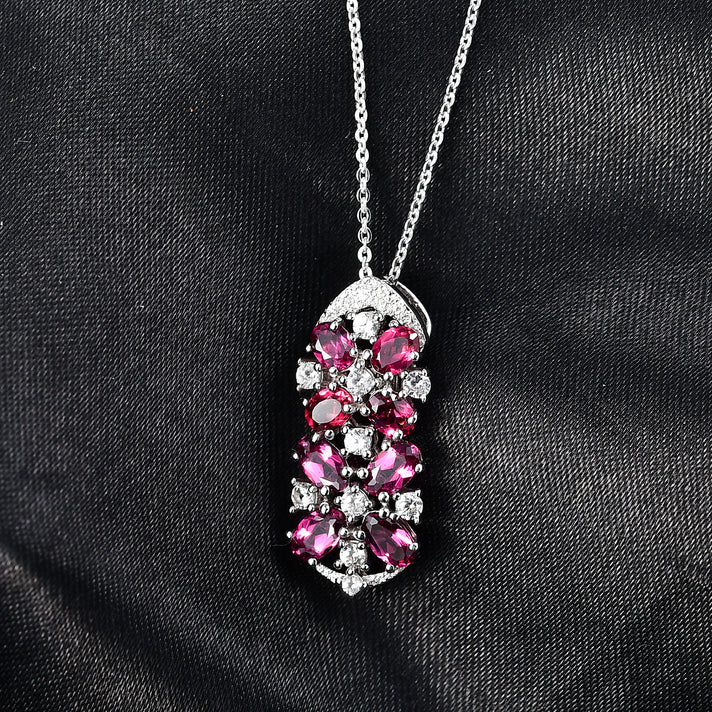 D'Joy Orissa Natural Rhodolite Garnet &amp; White Zircon Floral Cluster Pendant with Chain (Size 20) in Platinum Overlay Sterling Silver 2.53 Ct. 4446473 2