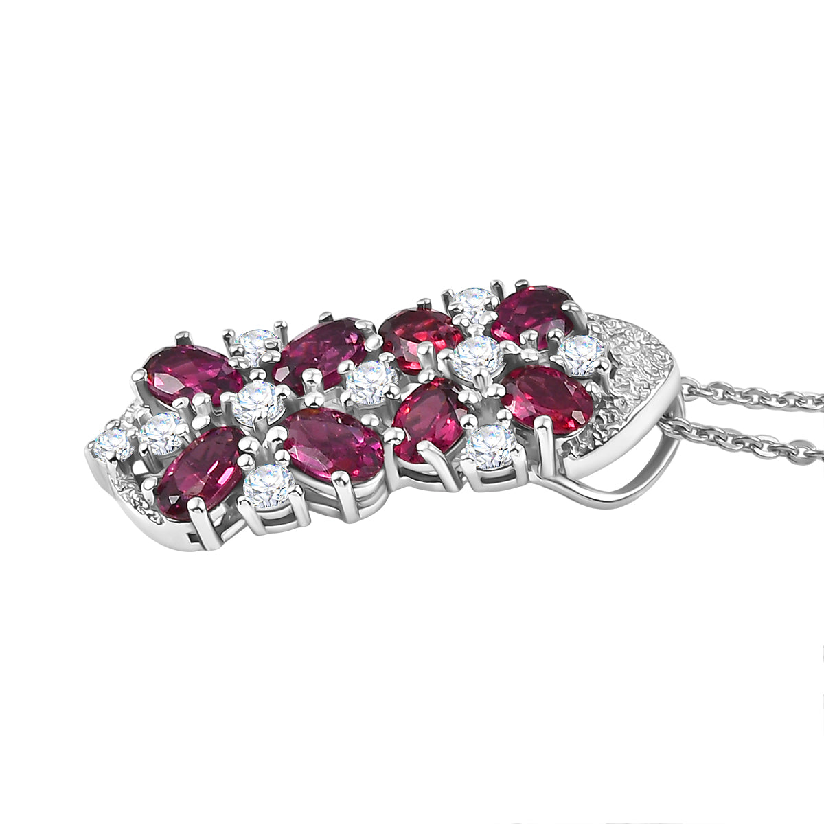 D'Joy Orissa Natural Rhodolite Garnet &amp; White Zircon Floral Cluster Pendant with Chain (Size 20) in Platinum Overlay Sterling Silver 2.53 Ct. V32533289 4