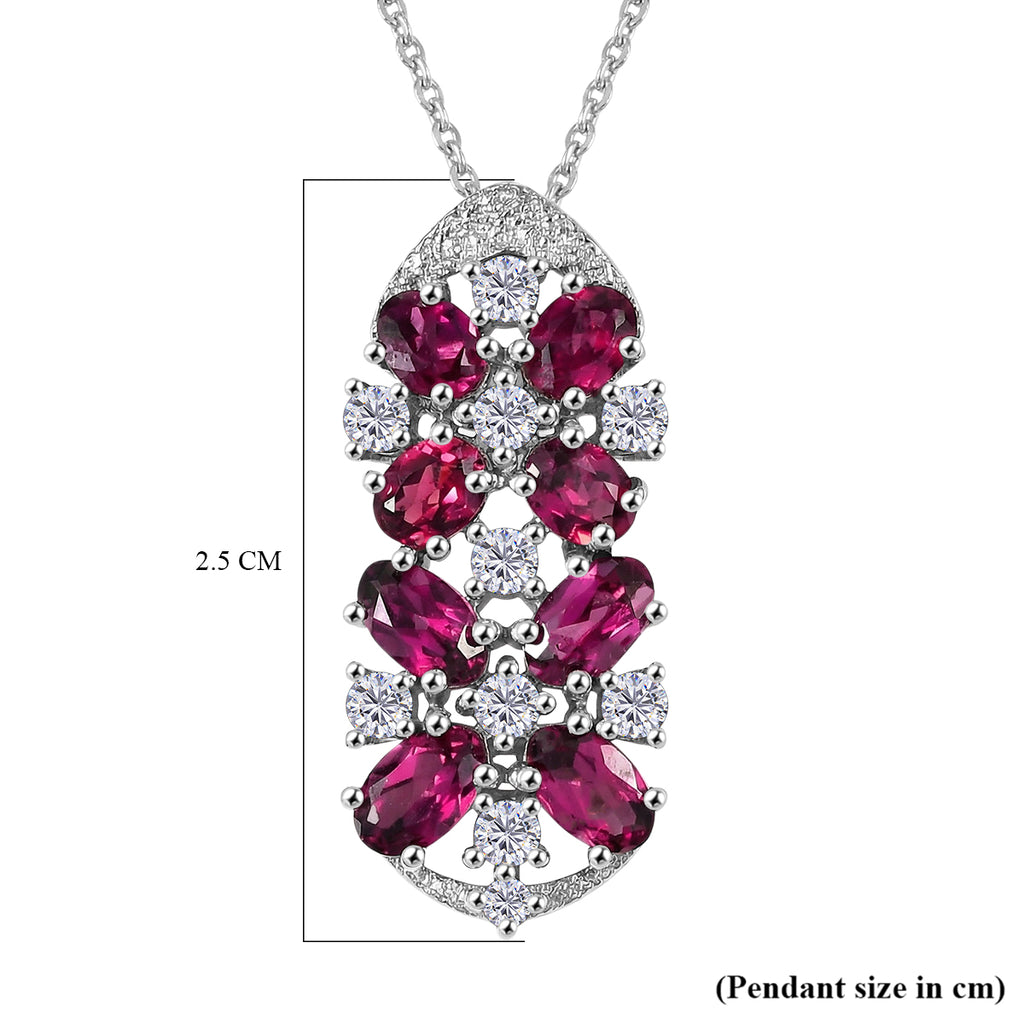 D'Joy Orissa Natural Rhodolite Garnet & White Zircon Floral Cluster Pendant with Chain (Size 20) in Platinum Overlay Sterling Silver 2.53 Ct._4446473_6
