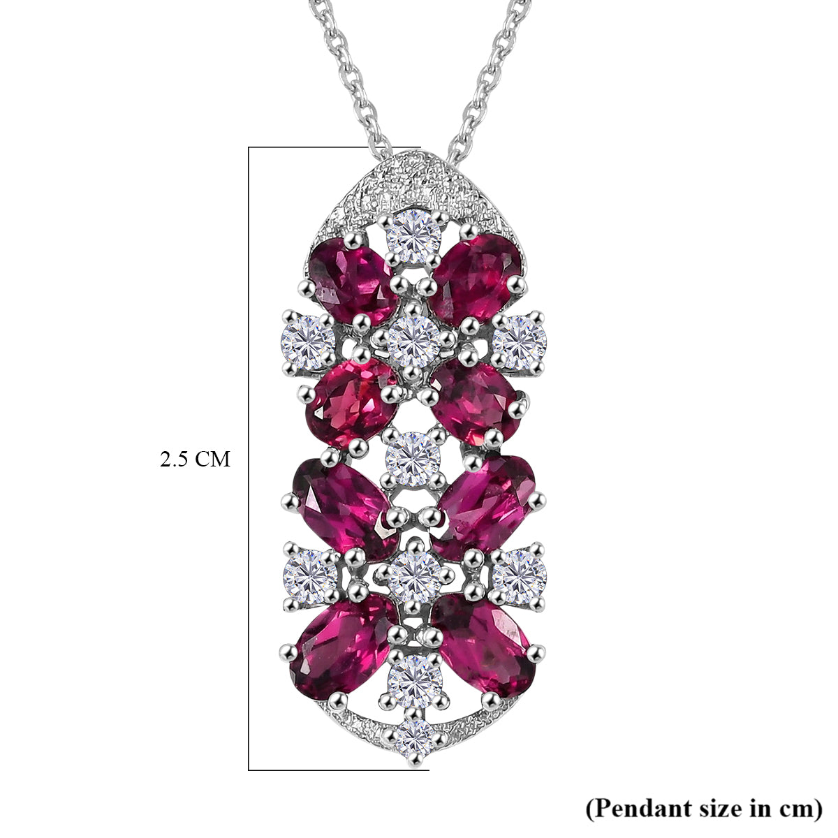 D'Joy Orissa Natural Rhodolite Garnet &amp; White Zircon Floral Cluster Pendant with Chain (Size 20) in Platinum Overlay Sterling Silver 2.53 Ct. V32533289 7