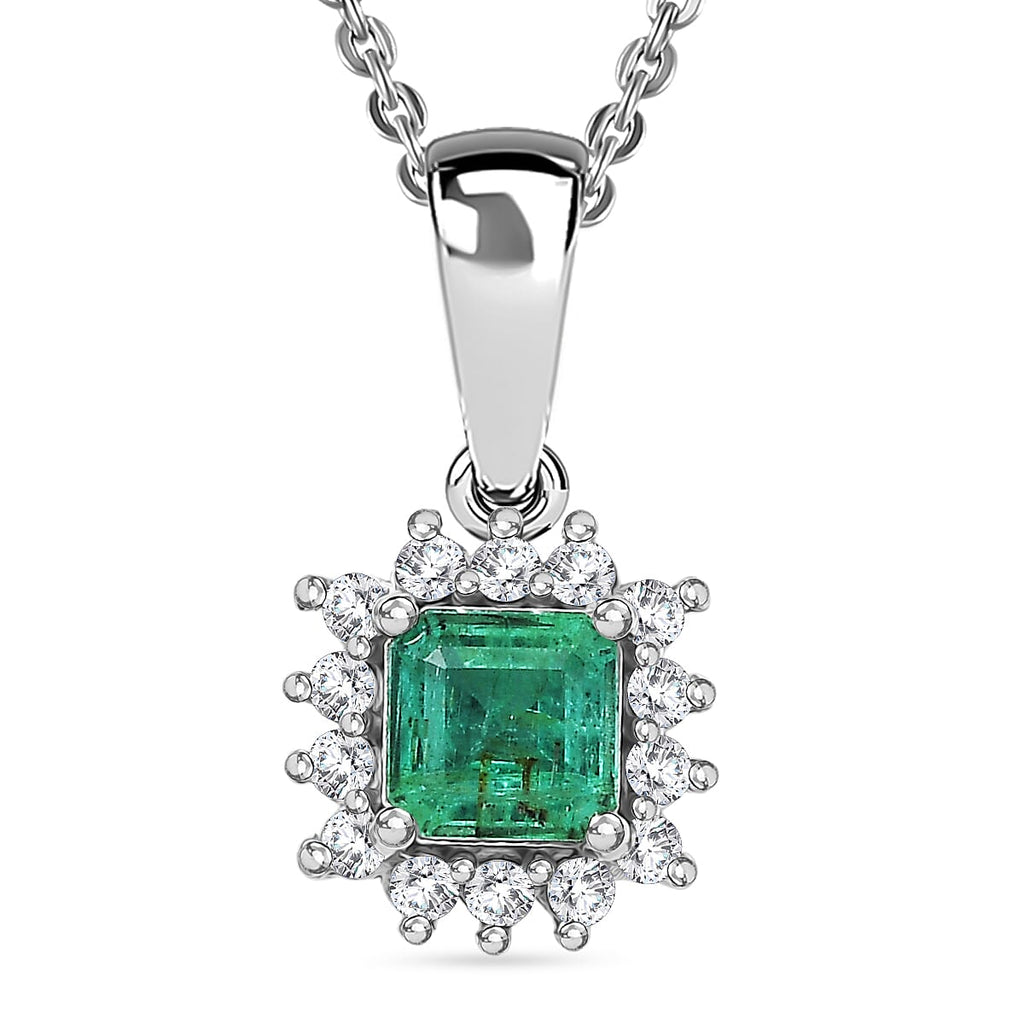 D'Joy AAA Premium Gemfields Zambian Emerald & Lab Grown Diamond Halo Pendant with Chain (Size 20) in Rhodium Overlay Sterling Silver_4449477