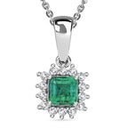 D'Joy AAA Premium Gemfields Zambian Emerald & Lab Grown Diamond Halo Pendant with Chain (Size 20) in Rhodium Overlay Sterling Silver_4449477