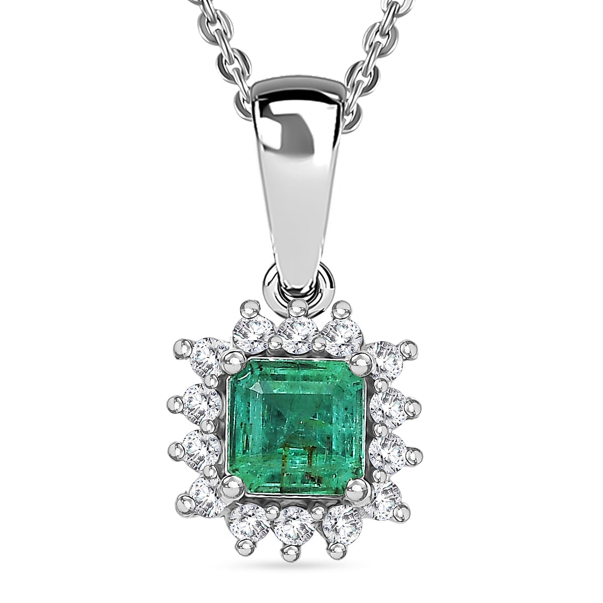 D'Joy AAA Premium Gemfields Zambian Emerald &amp; Lab Grown Diamond Halo Pendant with Chain (Size 20) in Rhodium Overlay Sterling Silver 4449477 0