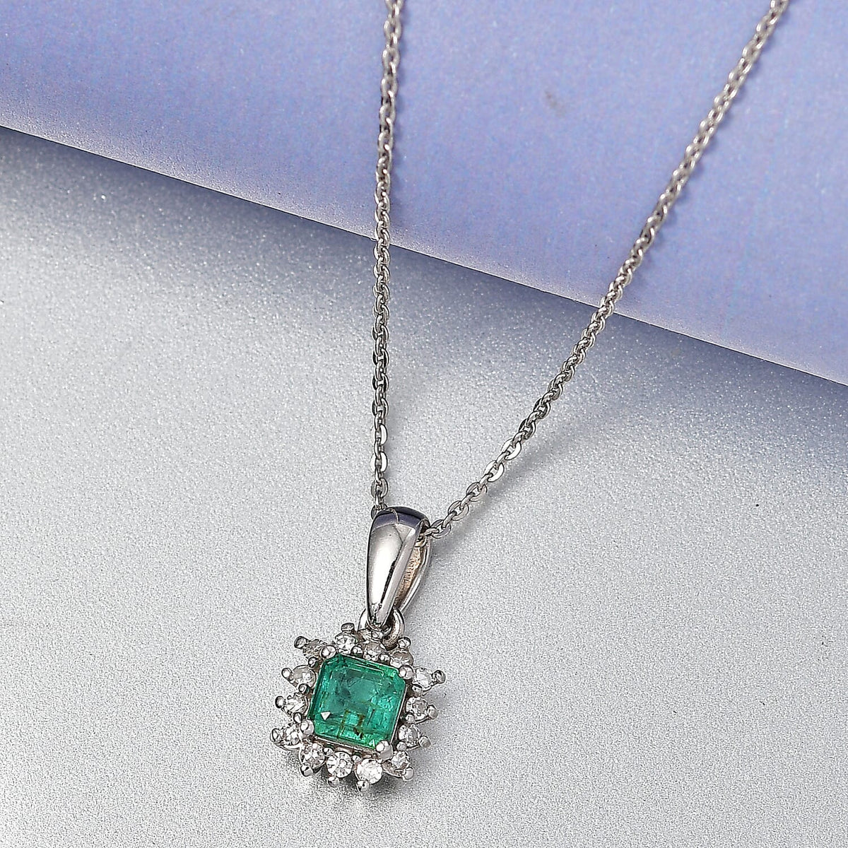 D'Joy AAA Premium Gemfields Zambian Emerald &amp; Lab Grown Diamond Halo Pendant with Chain (Size 20) in Rhodium Overlay Sterling Silver 4449477 2